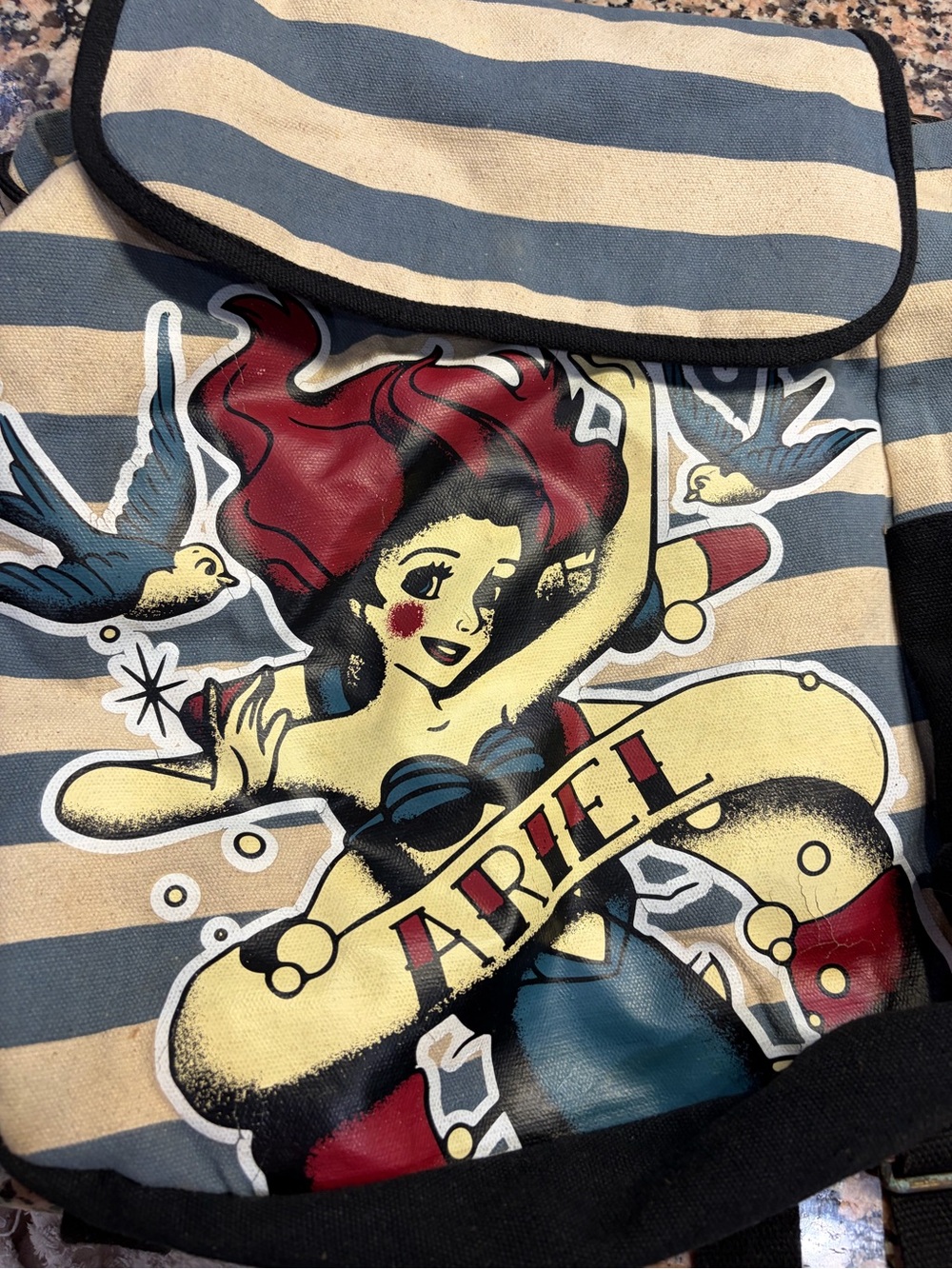 DISNEY LOUNGEFLY Tattoo Nautical Art ARIEL LITTLE MERMAID Canvas BACKPACK BAG